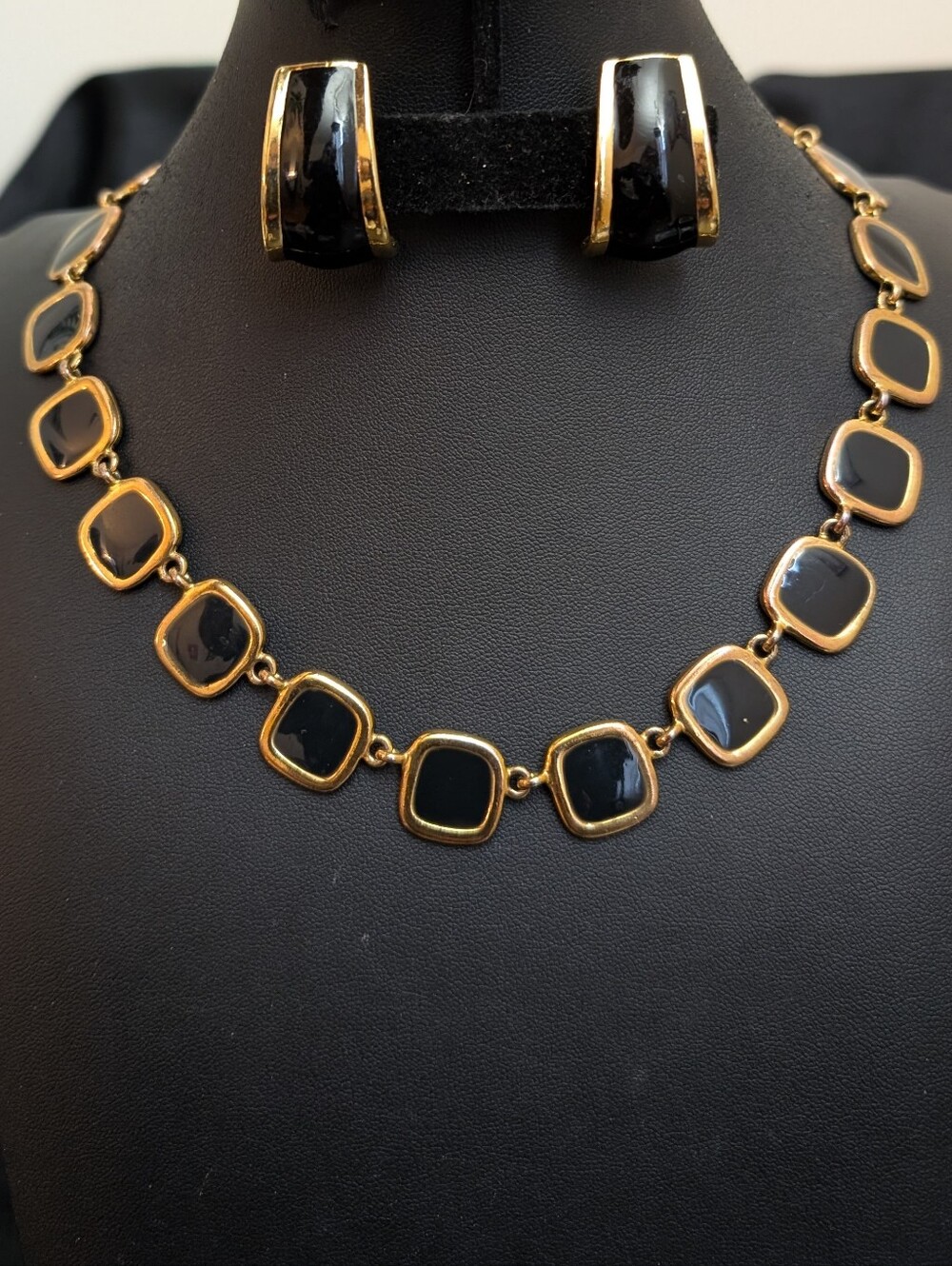 #2. Vintage black enamel  and gold necklace & 80s vintage earrings